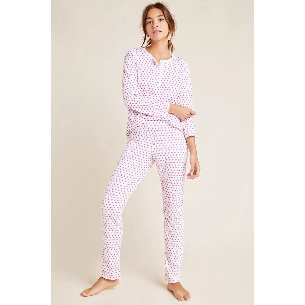 Anthropologie Roller Rabbit Hearts Sleep Set Pajamas Small Chic Cozy LS NWT
